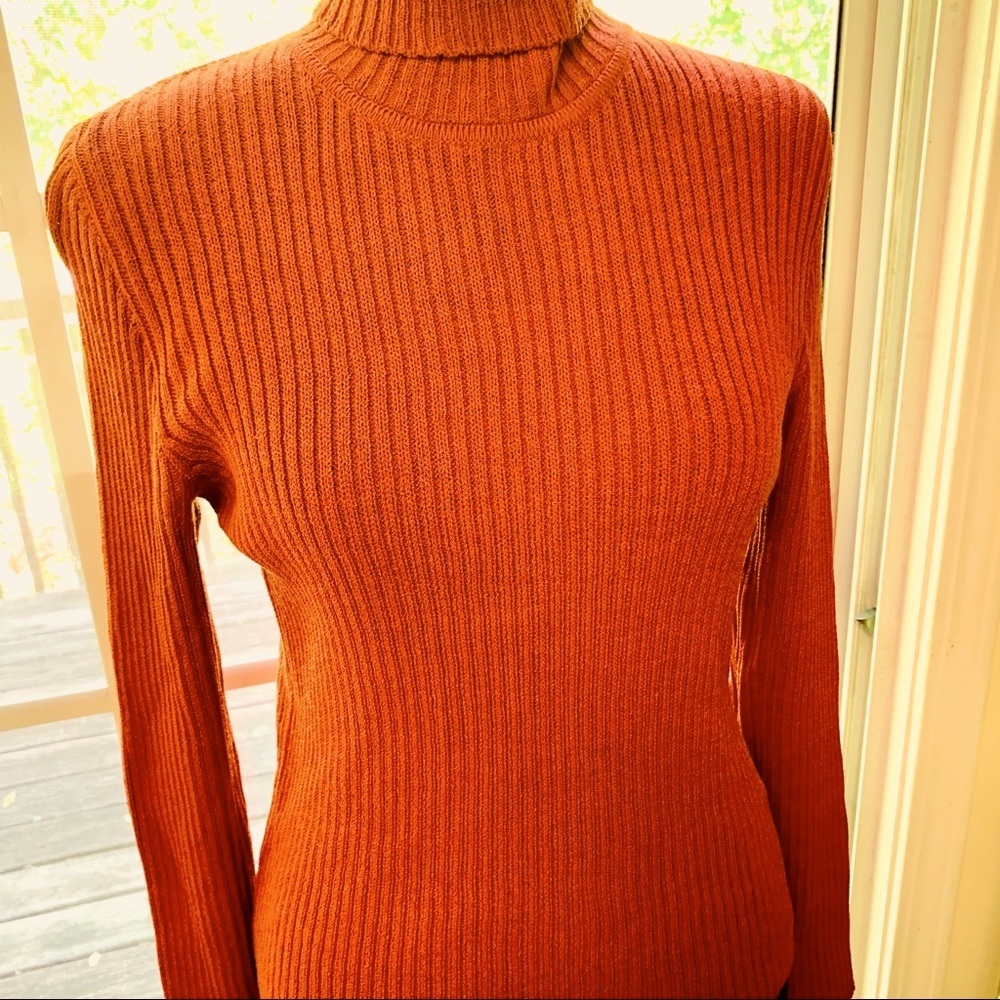 St John Orange Ribbed Wool Turtleneck Sweater